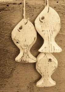 three small fish hanging on string