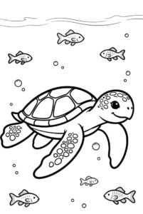 Turtle swimming with fish - free colouring page