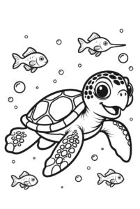 Turtle swimming with fish - free colouring page