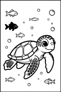 Turtle swimming with fish - free colouring page
