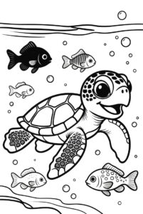 Turtle swimming with fish - free colouring page