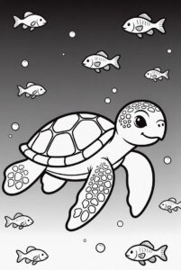 Turtle swimming with fish - free colouring page