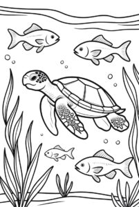 With seaweed and fish - turtle colouring page