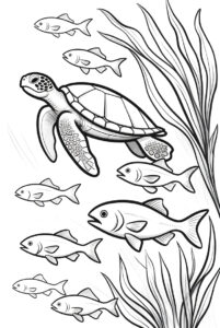 With seaweed and fish - turtle colouring page