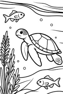 With seaweed and fish - turtle colouring page