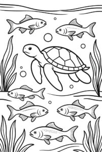 With seaweed and fish - turtle colouring page