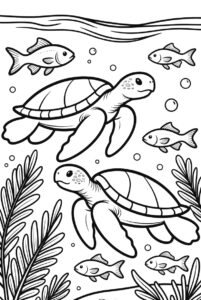 With seaweed and fish - turtles colouring page