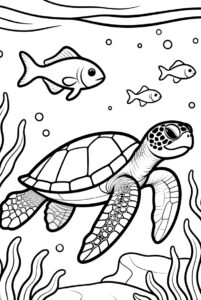 With seaweed and fish - turtle colouring page