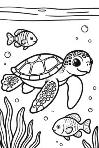 With seaweed and fish - turtle colouring page