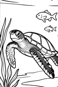 With seaweed and fish - turtle colouring page