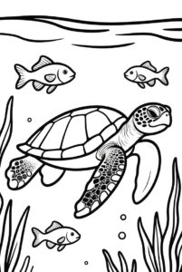 With seaweed and fish - turtle colouring page