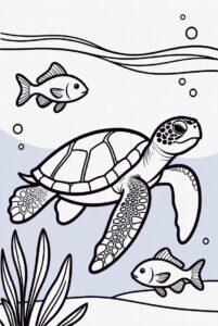With seaweed and fish - turtle colouring page