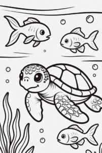 With seaweed and fish - turtle colouring page