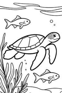 With seaweed and fish - turtle colouring page