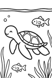 With seaweed and fish - turtle colouring page