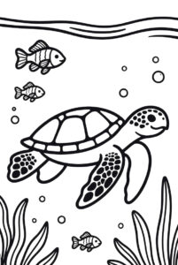 With seaweed and fish - turtle colouring page