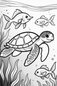 With seaweed and fish - turtle colouring page