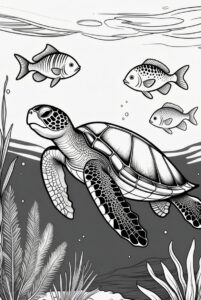 With seaweed and fish - turtle colouring page