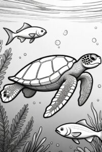 With seaweed and fish - turtle colouring page