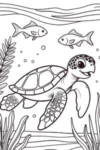 With seaweed and fish - turtle colouring page