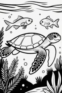 With seaweed and fish - turtle colouring page