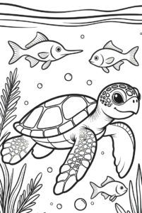 With seaweed and fish - turtle colouring page