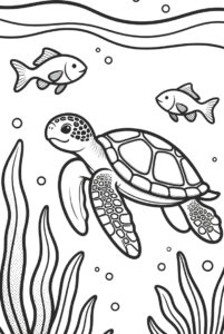 With seaweed and fish - turtle colouring page