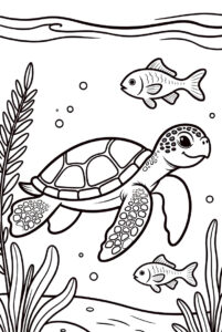 With seaweed and fish - turtle colouring page