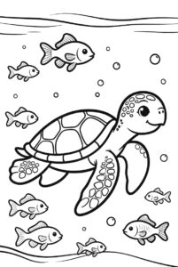 Turtle swimming with fish - free colouring page