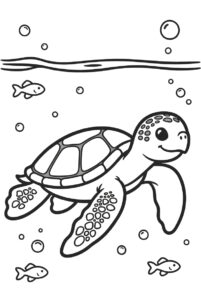 Turtle swimming with fish - free colouring page
