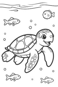 Turtle swimming with fish - free colouring page