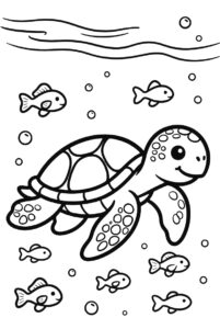 Turtle swimming with fish - free colouring page