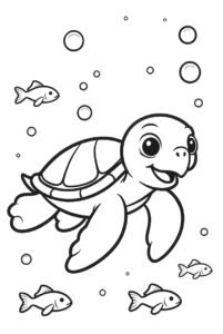 Turtle swimming with fish - free colouring page