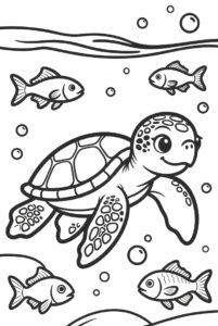 Turtle swimming with fish - free colouring page
