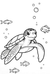 Turtle swimming with fish - free colouring page