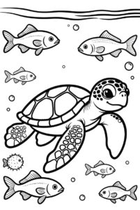 Turtle swimming with fish - free colouring page