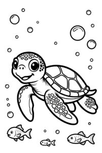 Turtle swimming with fish - free colouring page