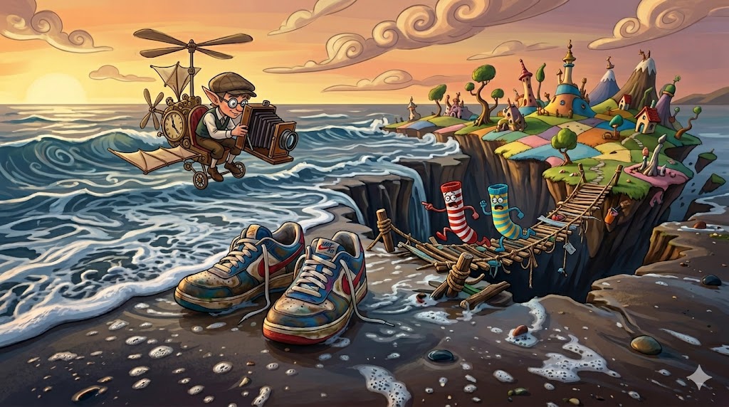 A surreal beach scene where red sneakers sit in the tide, while mismatched striped socks float mid-air over a dark void in the ground, chasing a receding coastline.